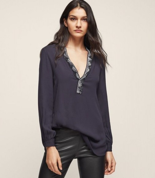 REISS PHOEBE EMBELLISHED-DETAIL TOP NIGHT NAVY – blue beaded tops - flipped