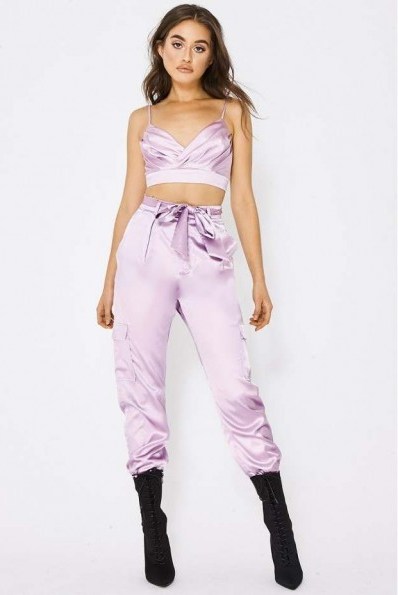 PIA MIA LILAC SATIN COMBAT TROUSERS – luxe pants - flipped