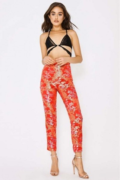 IN THE STYLE PIA MIA RED TAPERED ORIENTAL JACQUARD TROUSERS – going out pants – party style - flipped