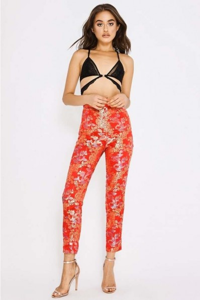 IN THE STYLE PIA MIA RED TAPERED ORIENTAL JACQUARD TROUSERS – going out pants – party style