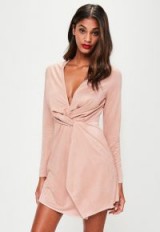 MISSGUIDED pink faux suede twist front dress – plunging party dresses