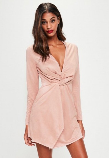 MISSGUIDED pink faux suede twist front dress – plunging party dresses - flipped