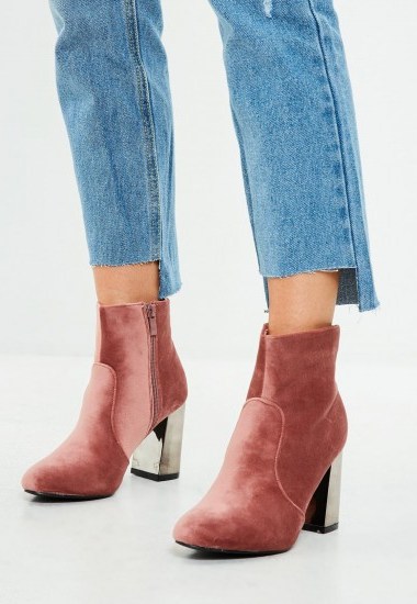 MISSGUIDED pink metal heel velvet ankle boots - flipped