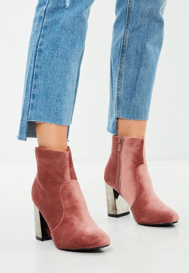 MISSGUIDED pink metal heel velvet ankle boots