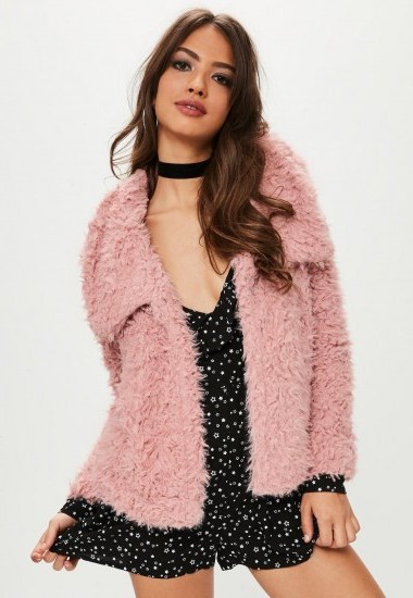 MISSGUIDED pink shaggy faux fur coat – fluffy coats - flipped