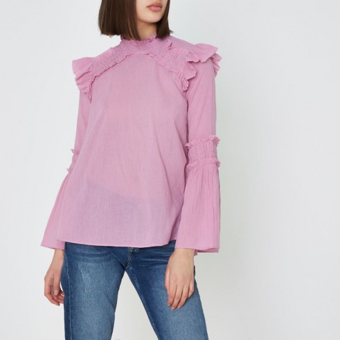 River Island Pink shirred frill high neck blouse