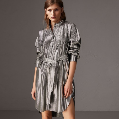 Burberry Pintuck Detail Silk Lamé Shirt Dress – shiny silver dresses – party season