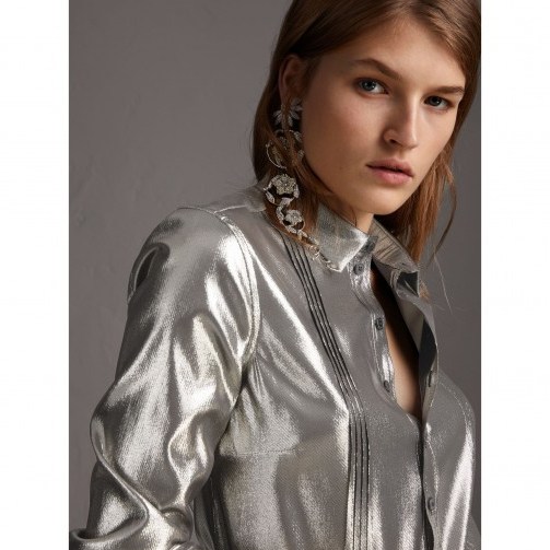 Burberry Pintuck Detail Silk Lamé Shirt Silver – metallic shirts - flipped