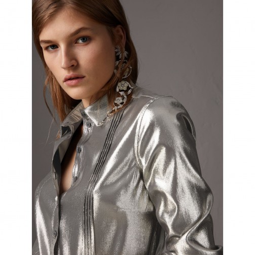 Burberry Pintuck Detail Silk Lamé Shirt Silver – metallic shirts