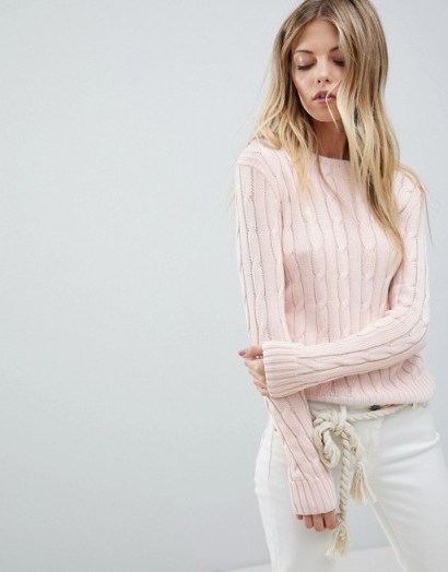 Polo Ralph Lauren Classic Cable Knit Jumper – pale pink crew neck jumpers – casual luxe - flipped