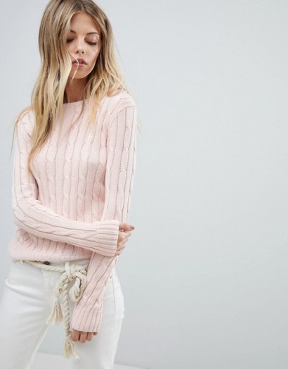 Polo Ralph Lauren Classic Cable Knit Jumper – pale pink crew neck jumpers – casual luxe