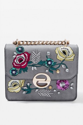 Topshop RAE Floral Embroidered Cross Body Bag | grey embellished crossbody bags - flipped