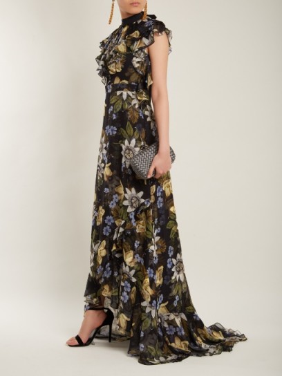 ERDEM Riva passion flower-print ruffle-trimmed silk gown ~ feminine floral print gowns