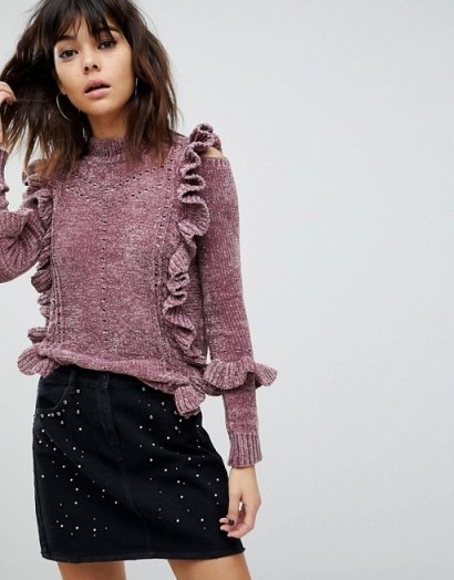 River Island Chenille Cable Knit Frill Jumper | purple ruffled jumpers - flipped