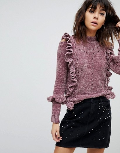 River Island Chenille Cable Knit Frill Jumper | purple ruffled jumpers