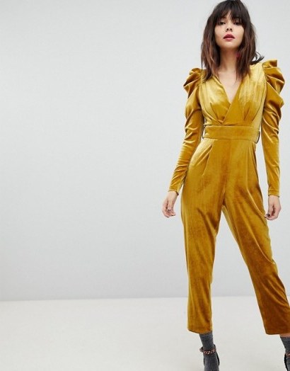 River Island Velvet Plunge Neck Jumpsuit – ochre-yellow mutton sleeved jumpsuits – vintage style party wear - flipped