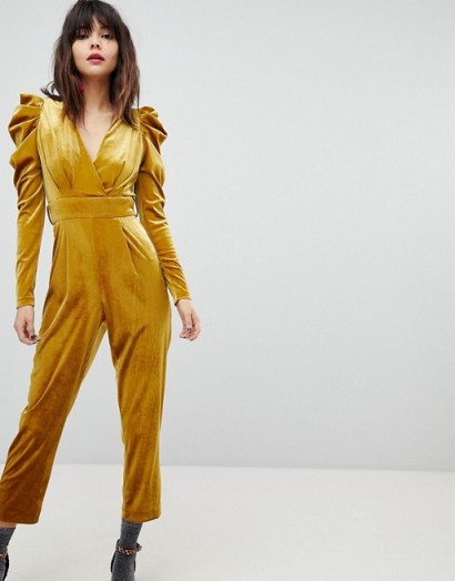 River Island Velvet Plunge Neck Jumpsuit – ochre-yellow mutton sleeved jumpsuits – vintage style party wear