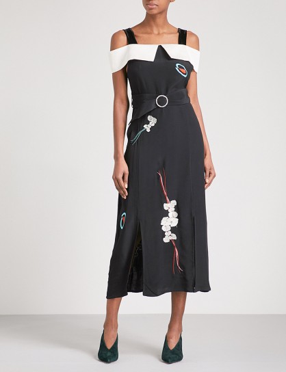 RIXO Chloe cold-shoulder crepe midi dress ~ black embroidered bardot dresses