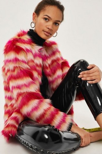 Topshop Rocket Man Stripe Faux Fur Coat | pink striped collarless coats - flipped
