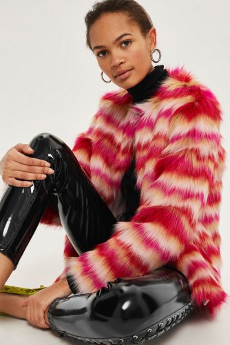 Topshop Rocket Man Stripe Faux Fur Coat | pink striped collarless coats