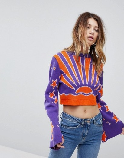 Rokoko Flare Sleeve Cropped Jumper With Sunshine Motif – vintage style knitwear – flared sleeves – lavender and orange patterned jumpers - flipped