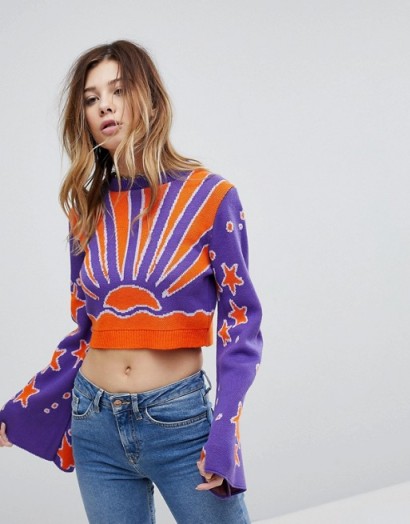 Rokoko Flare Sleeve Cropped Jumper With Sunshine Motif – vintage style knitwear – flared sleeves – lavender and orange patterned jumpers