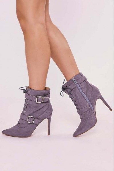 IN THE STYLE ROWAN GREY FAUX SUEDE LACE UP HEELED ANKLE BOOTS – buckle booties - flipped
