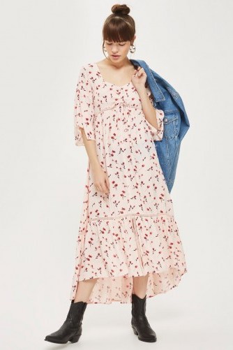 TOPSHOP Ruched Floral Midi Dress – nude/pink boho dresses – prairie style - flipped