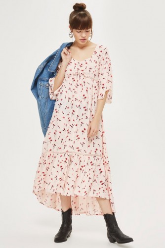TOPSHOP Ruched Floral Midi Dress – nude/pink boho dresses – prairie style