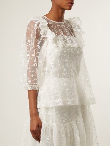 SIMONE ROCHA Ruffle-trimmed floral-lace top – white semi sheer tops – feminine blouses - flipped