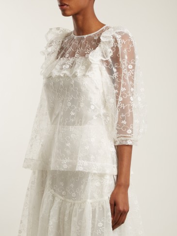 SIMONE ROCHA Ruffle-trimmed floral-lace top – white semi sheer tops – feminine blouses