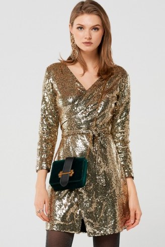 STORETS Samantha Party Sequin Wrap Mini Dress | gold evening dresses - flipped