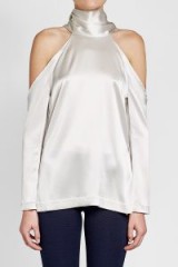 GALVAN Satin Blouse with Cut Out Shoulders / silky silver high neck blouses