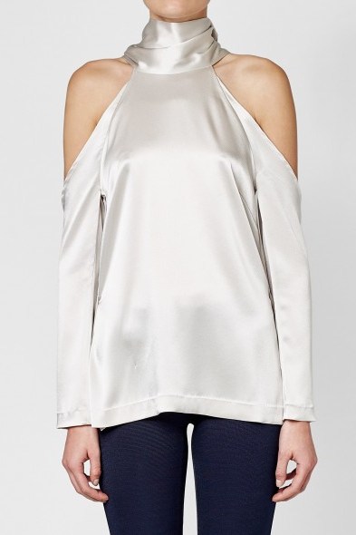 GALVAN Satin Blouse with Cut Out Shoulders / silky silver high neck blouses - flipped