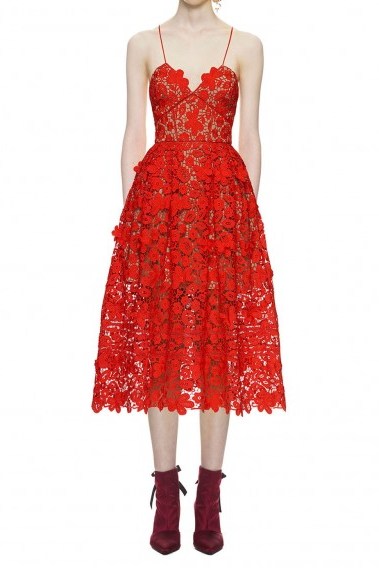 $309.00 Self Portrait 3d Floral Azaelea Lace Dress In Tomato Red - flipped
