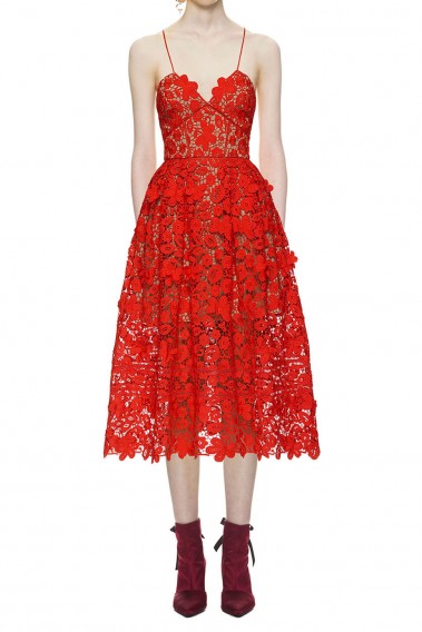 $309.00 Self Portrait 3d Floral Azaelea Lace Dress In Tomato Red