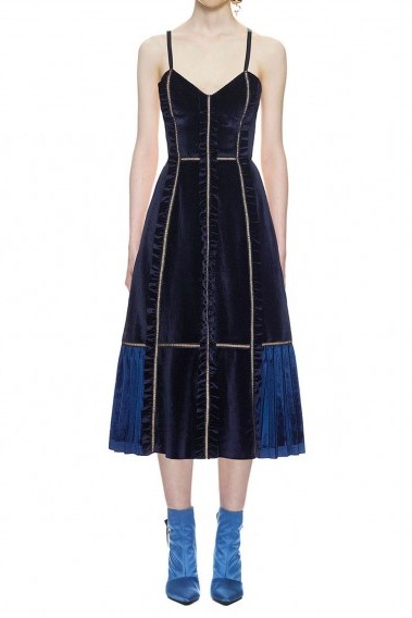 $329.00 Self Portrait Velvet Panelled Midi Dress In Midnight Blue - flipped