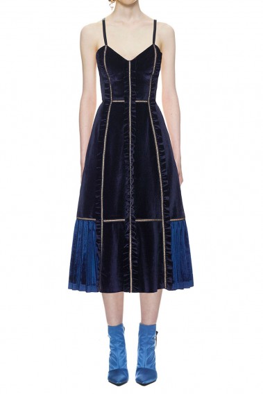 $329.00 Self Portrait Velvet Panelled Midi Dress In Midnight Blue