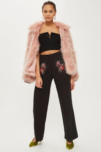 TOPSHOP Sequin Embellished Wide Leg Trousers / black floral beaded pants - flipped