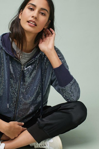 ANTHROPOLOGIE Sequined Hooded Jumper / navy blue sequin jackets - flipped
