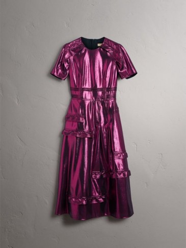 Burberry Short-sleeve Ruffle Detail Lamé Dress Bright fuchsia / luxe dresses / shiny pink