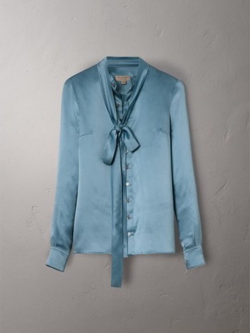 Burberry Silk Satin Tie-neck Shirt Pale blue – silky pussy bow blouses - flipped