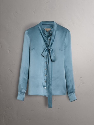 Burberry Silk Satin Tie-neck Shirt Pale blue – silky pussy bow blouses