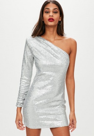 missguided silver one shoulder sequin shift dress – party glamour – glamorous going out dresses - flipped
