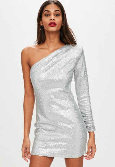 missguided silver one shoulder sequin shift dress – party glamour – glamorous going out dresses