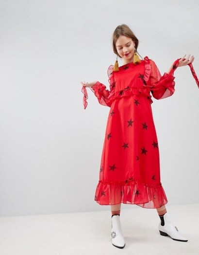Sister Jane Midi Dress With Peplum Hem In Contrast Star Print – red frill trimmed dresses – vintage inspired fashion - flipped