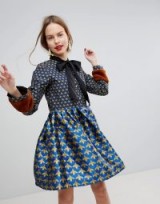 Sister Jane Mini Skater Dress With Faux Fur Cuffs In Jacquard Print – vintage inspired dresses – mixed prints