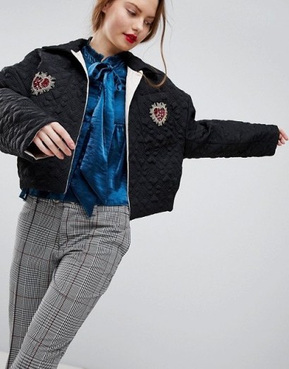 Sister Jane Quilted Bomber Jacket With Embellished Broach Detail - flipped