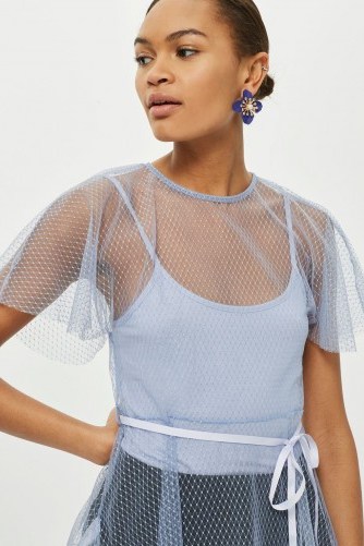 Topshop Spot Mesh Belted Batwing Sleeve Top | sheer blue tops - flipped