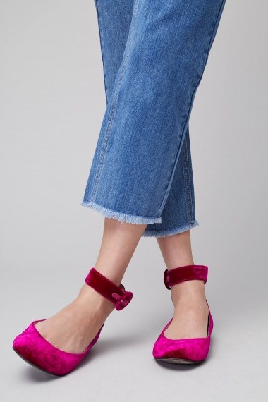 Anthropologie Stacia Velvet Pumps / hot pink flats! / ankle strap flat shoes - flipped